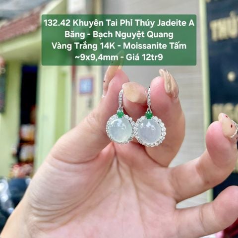 132.42 Khuyên Tai Phỉ Thuý Jadeite A - Băng - Bạch Nguyệt Quang - VT14K - Mois Tấm ~ 9x9,4mm