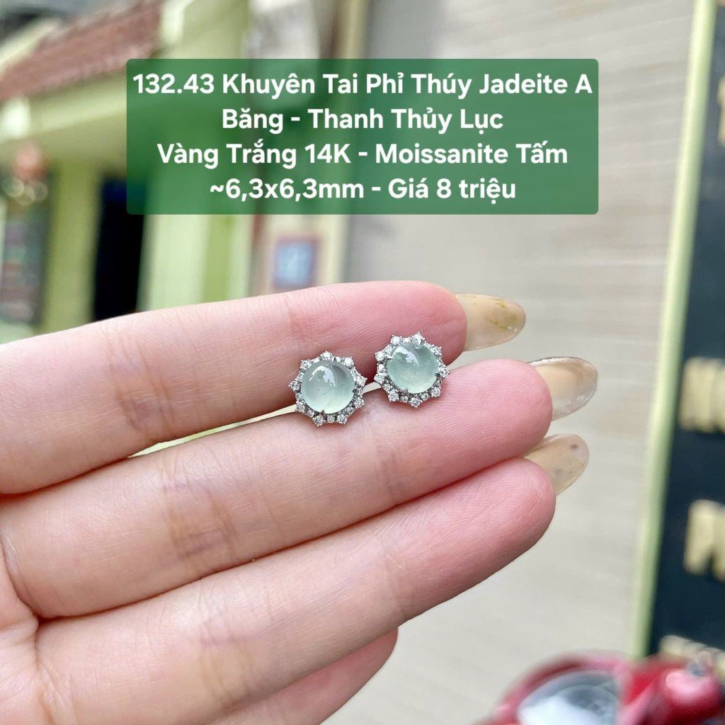 132.43 Khuyên Tai Phỉ Thuý Jadeite A - Băng - Thanh Thuỷ Lục -  VT14K - Mois Tấm ~ 6,3x6,3mm