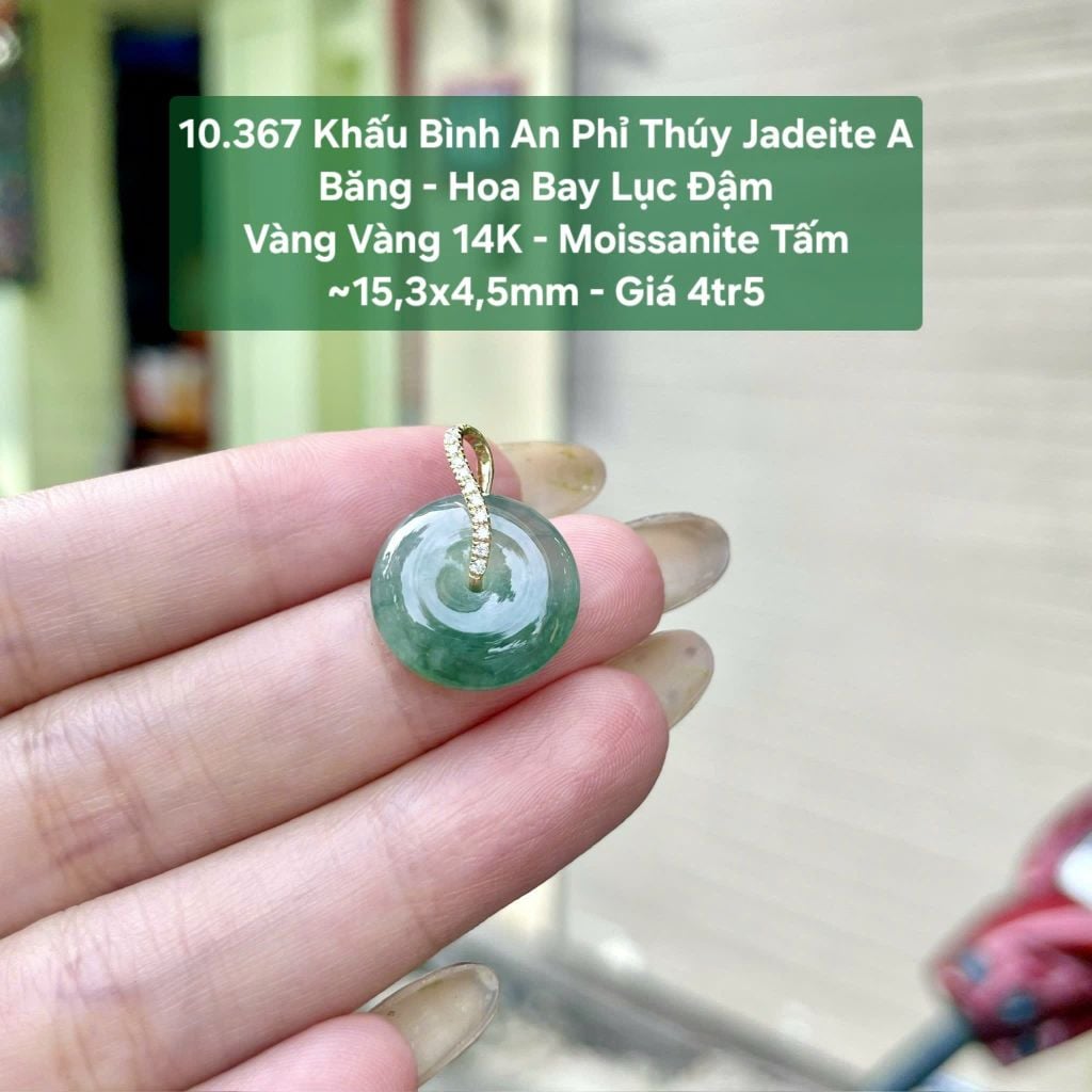 10.367 Khấu Bình An Phỉ Thuý Jadeite A - Băng - Hoa Bay Lục Đậm - VV14K - Mois Tấm ~ 15,3x4,5mm