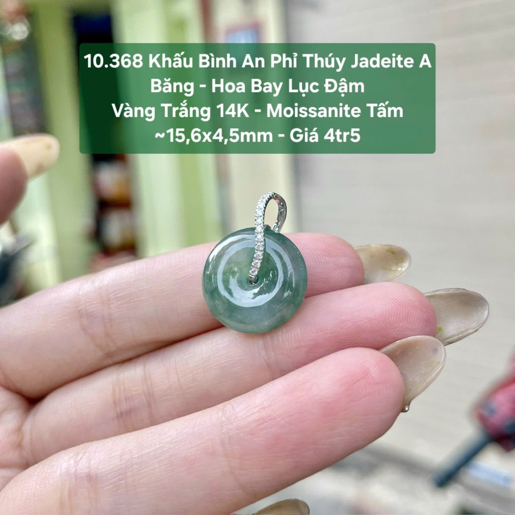 10.368 Khấu Bình An Phỉ Thuý Jadeite A - Băng - Hoa Bay Lục Đậm - VT14K - Mois Tấm ~ 15,6x4,5mm