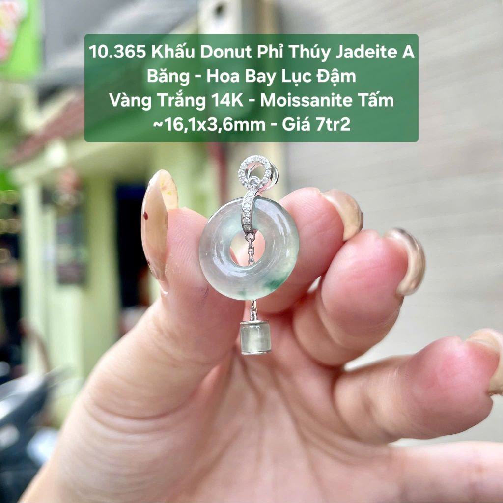 10.365 Khấu Bình An Phỉ Thuý Jadeite A - Băng - Hoa Bay Lục Đậm - VT14K - Mois Tấm ~16,1x3,6mm
