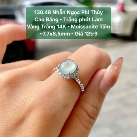 Nhẫn Ngọc Phỉ Thuý Cao Băng - Trắng Phớt Lam VT14K - Moissanie tấm ~7,7x8,5mm 130.48