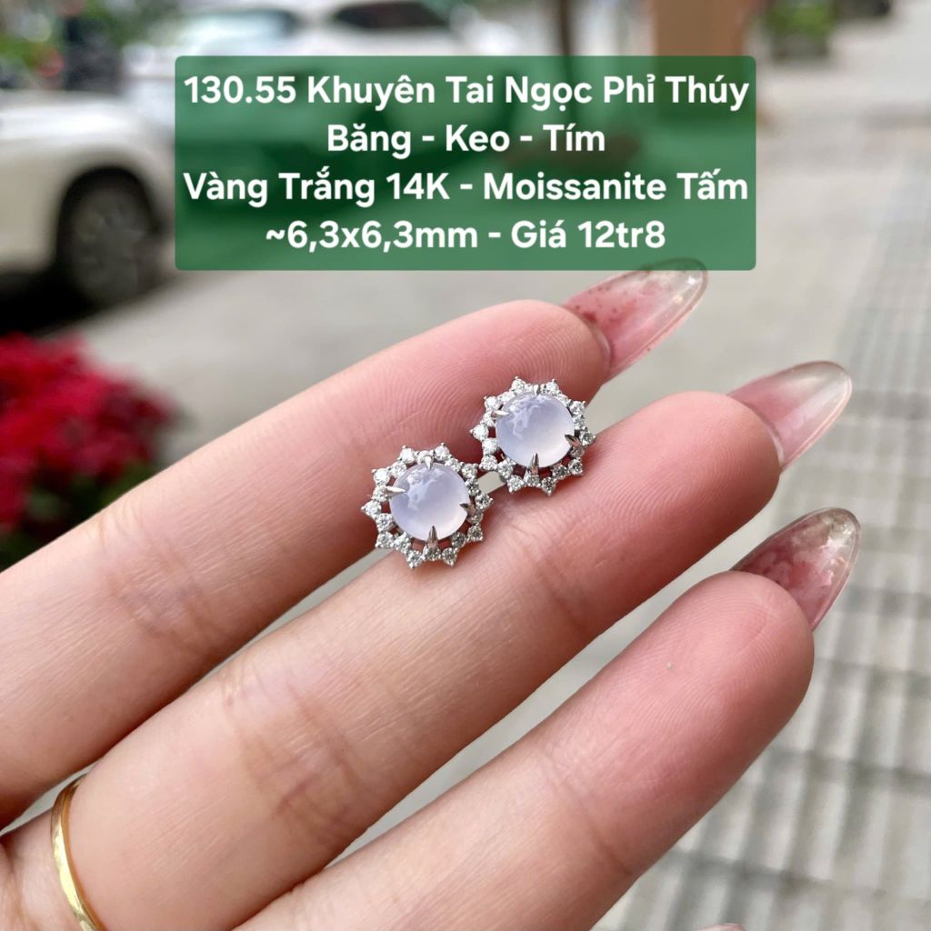 Khuyên tai Ngọc Phỉ Thuý Băng - Keo - Tím VT14K - Moissanie tấm ~ 6,3x6,3mm 130.55