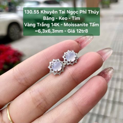 Khuyên tai Ngọc Phỉ Thuý Băng - Keo - Tím VT14K - Moissanie tấm ~ 6,3x6,3mm 130.55