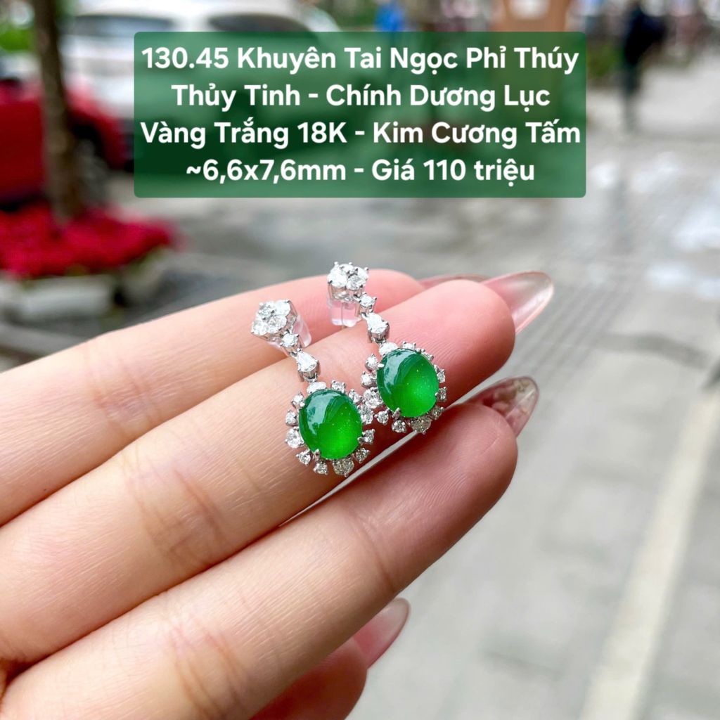 Khuyên tai Ngọc Phỉ Thuý Thuỷ Tinh - Dương Chính Lục - VT18K- KC Tấm ~6,6x7,6mm 130.45