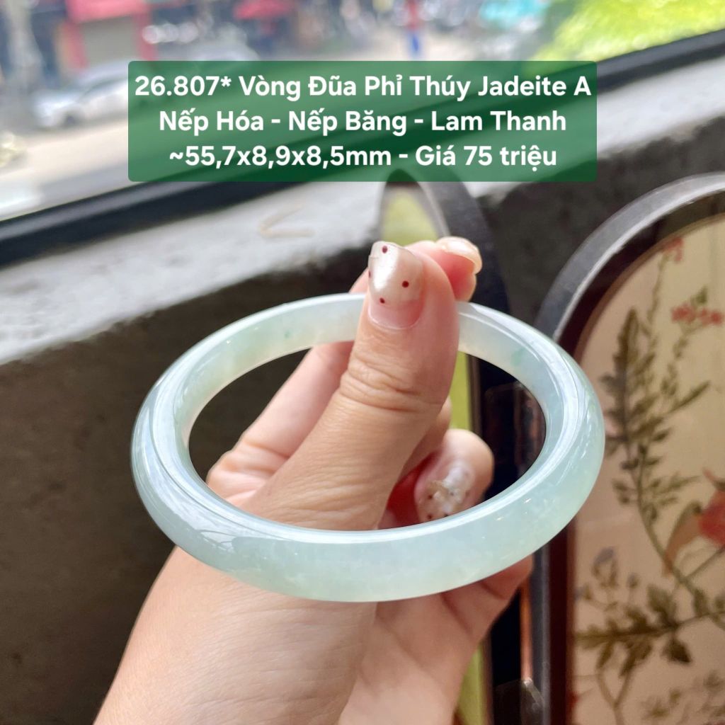 26.807* Vòng Đũa Phỉ Thuý Jadeite A - Nếp Hoá - Nếp Băng - Lam Thanh ~ 55,7x8,9x8,5mm
