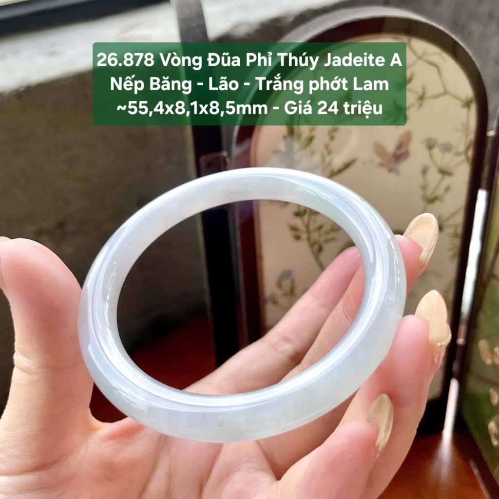 26.878 Vòng Đũa Phỉ Thuý Jadeite A - Nếp Băng - Lão - Trắng Phớt Lam ~ 55,4x8,1x8,5mm
