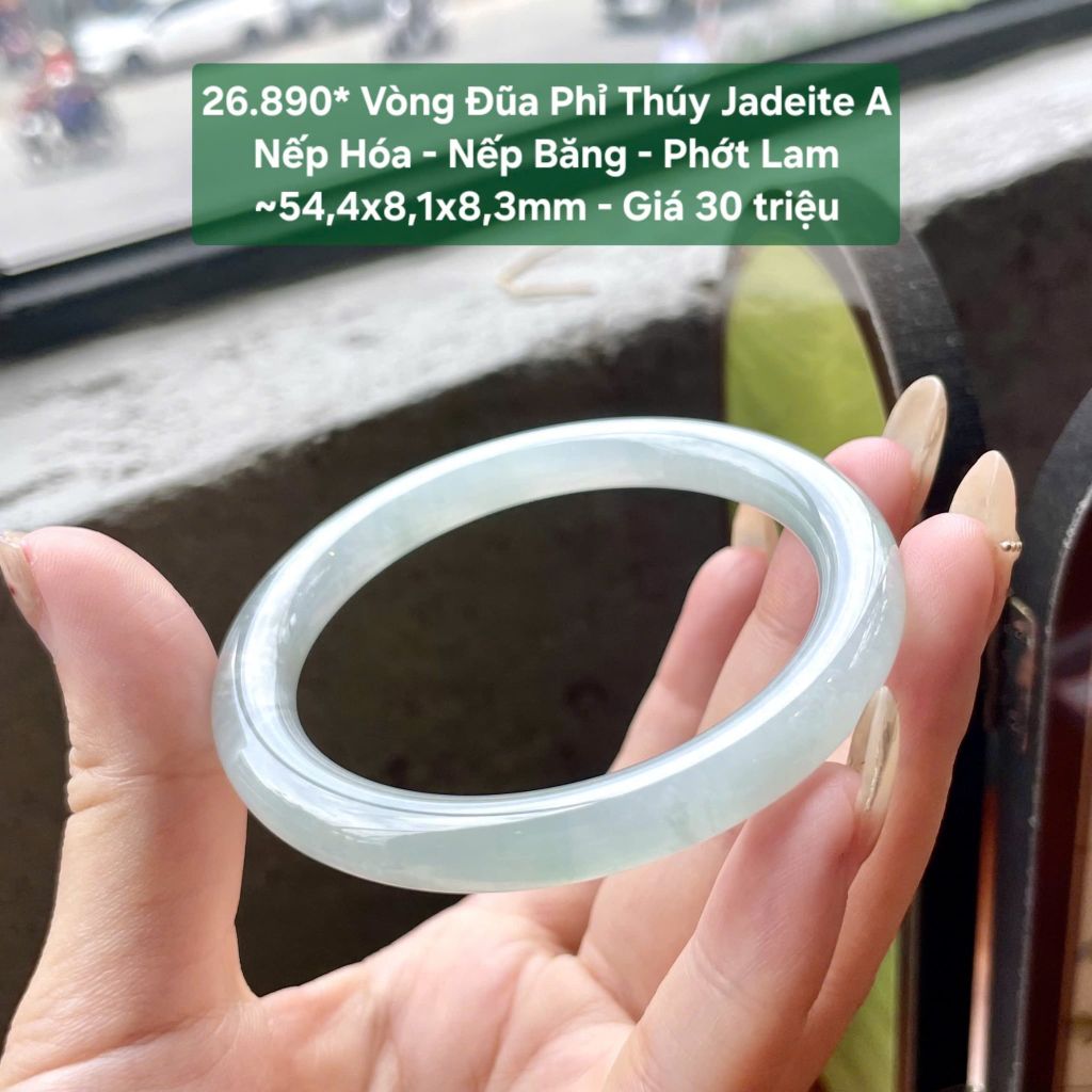 26.890* Vòng Đũa Phỉ Thuý Jadeite A - Nếp Hoá - Nếp Băng - Phớt Lam ~ 54,4x8,1x8,3mm