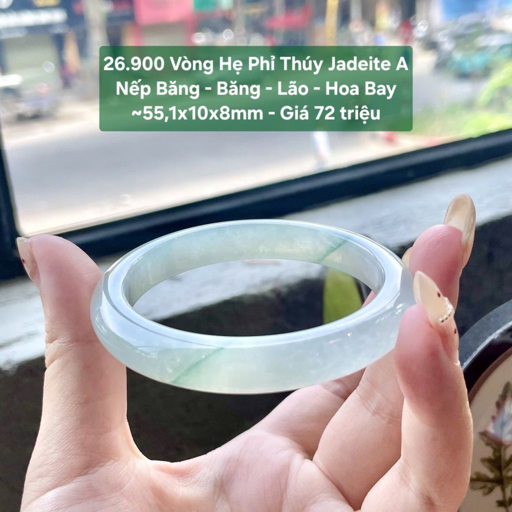 26.900 Vòng Hẹ Phỉ Thuý Jadeite A - Nếp Băng - Băng - Lão - Hoa Bay ~ 55,1x10x8mm