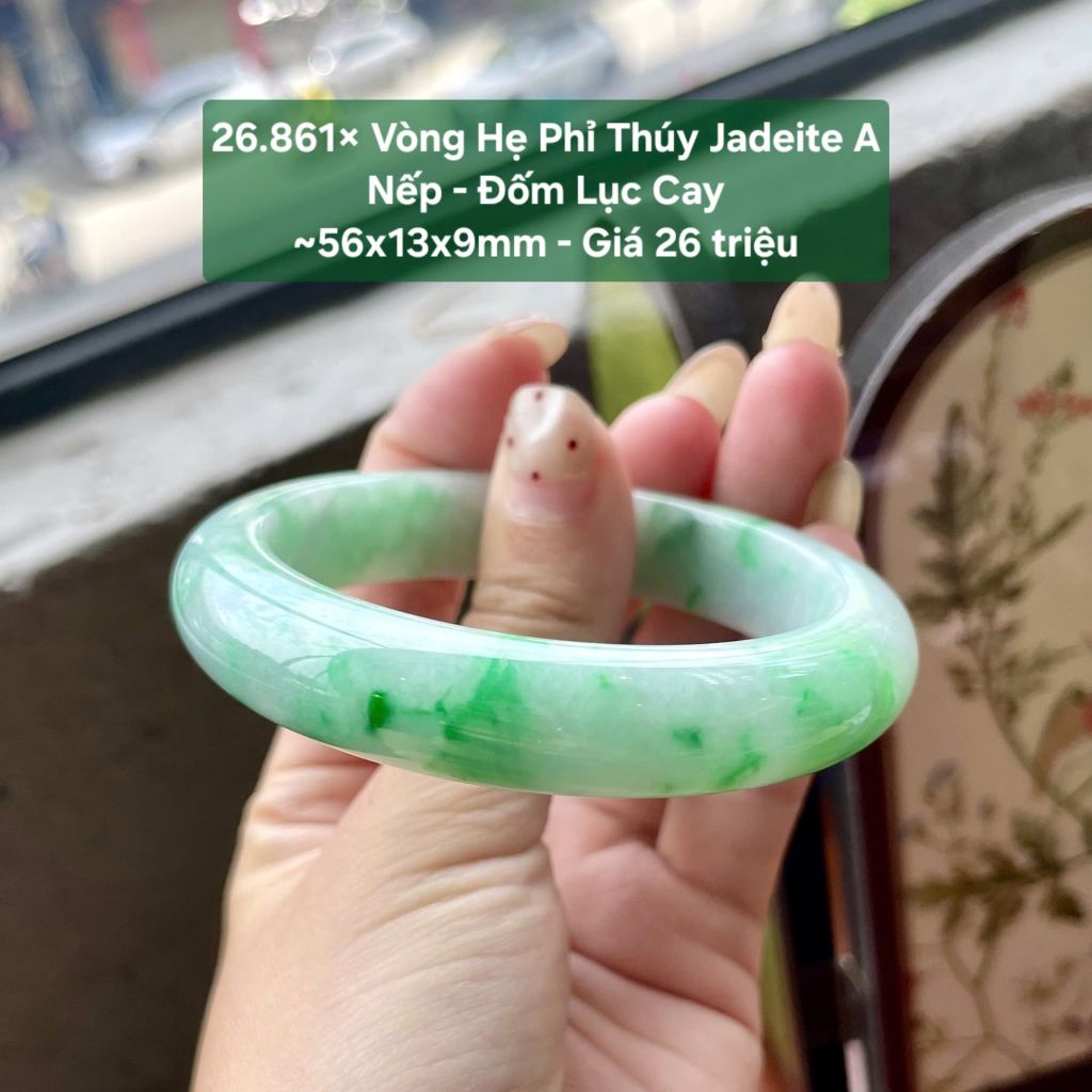 26.861x Vòng Hẹ Phỉ Thuý Jadeite A - Nếp - Đốm Lục Cay ~ 56x13x9mm