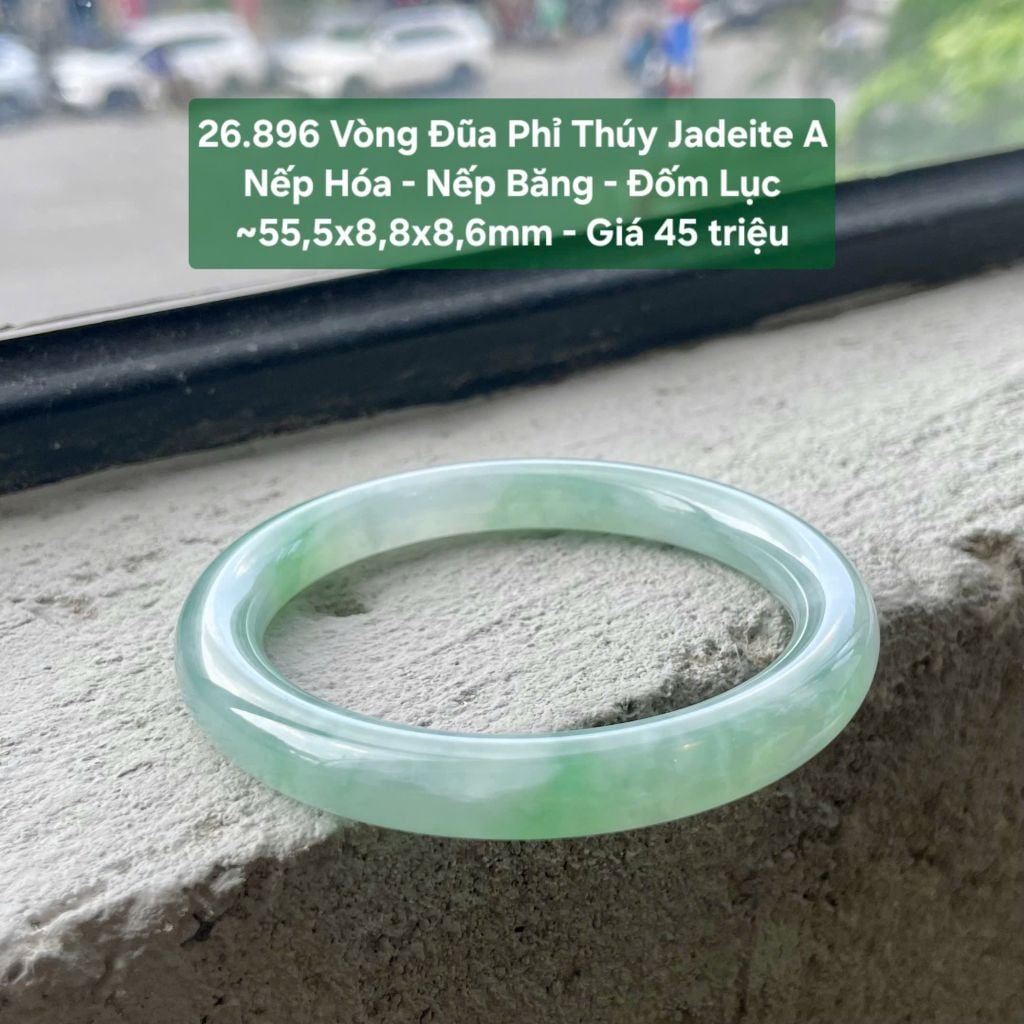 26.896 Vòng Đũa Phỉ Thuý Jadeite A - Nếp Hoá - Nếp Băng - Đốm Lục ~ 55,5x8,8x8,6mm