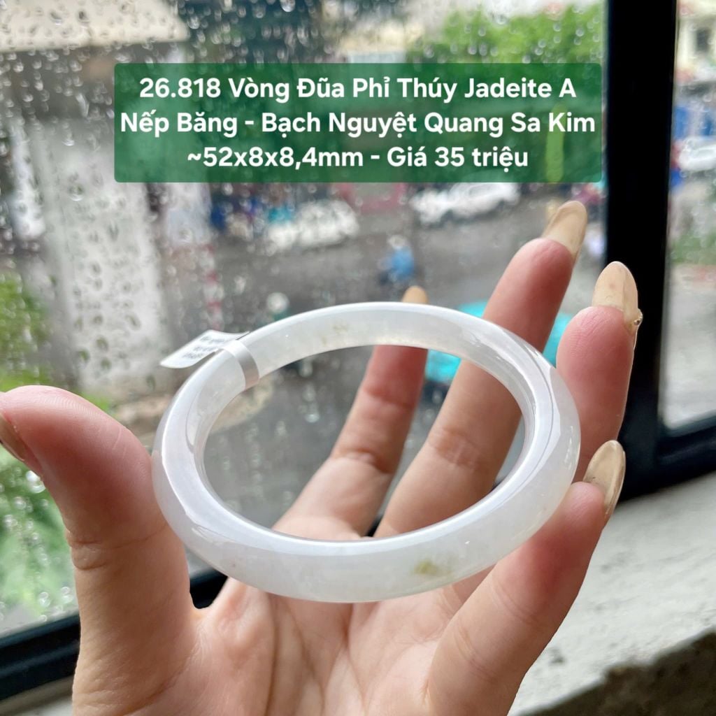 26.818 Vòng Đũa Phỉ Thuý Jadeite A - Nếp Băng - Bạch Nguyệt Quang Sa Kim ~ 52x8x8,4mm