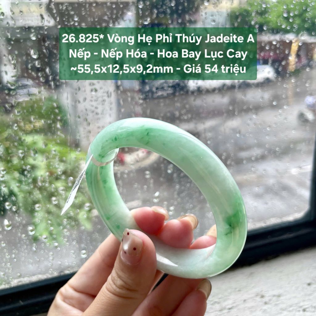 26.825* Vòng Hẹ Phỉ Thuý Jadeite A -Nếp - Nếp Hoá - Hoa Bay Lục Cay ~ 55,5x12,5x9,2mm