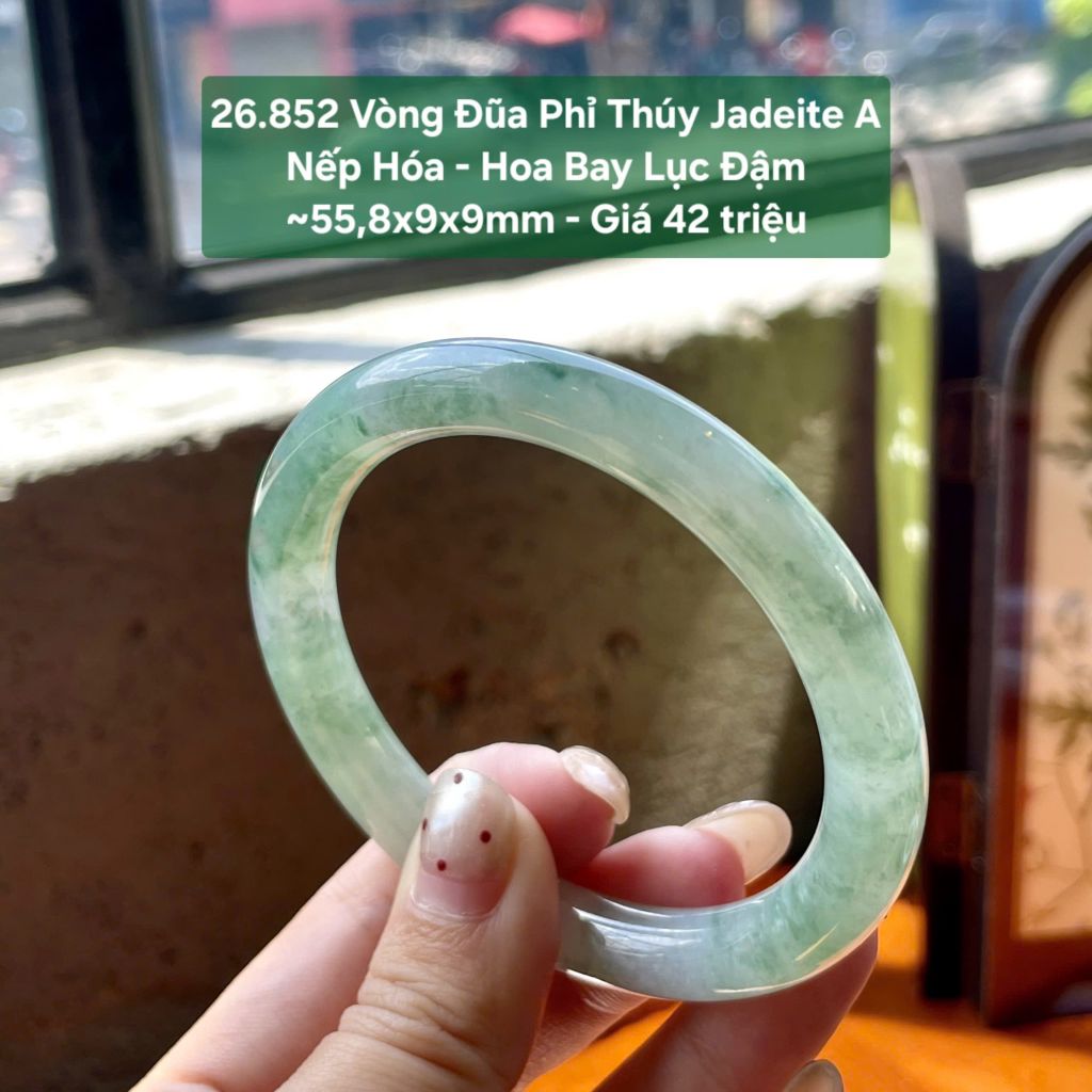 26.852 Vòng Đũa Phỉ Thuý Jadeite A - Nếp Hoá - Hoa Bay Lục Đậm ~ 55,8x9x9mm