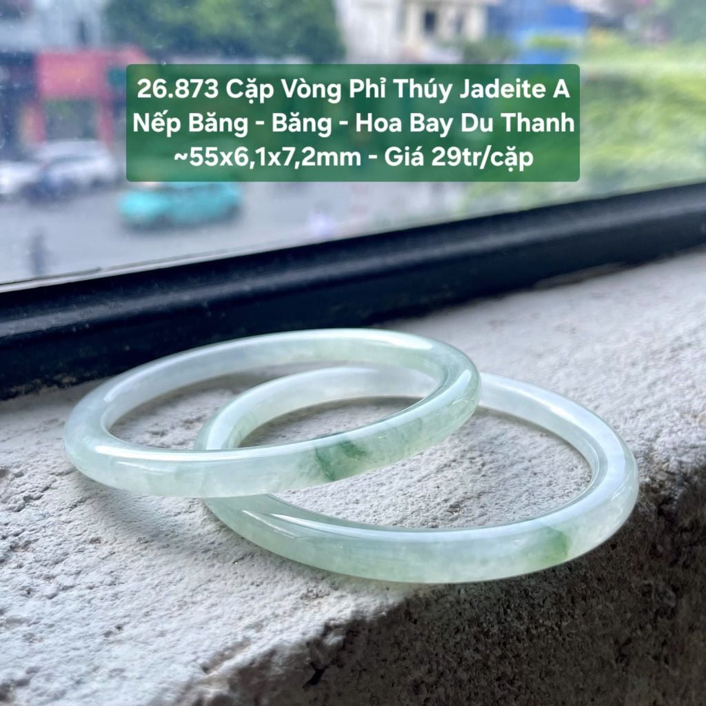26.873 Cặp Vòng Đũa Phỉ Thuý Jadeite A - Nếp Băng - Băng - Hoa Bay Du Thanh ~ 55x6,1x7,2mm