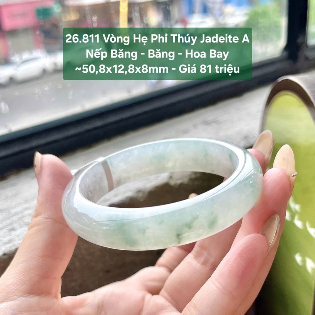 26.811 Vòng Hẹ Phỉ Thuý Jadeite A - Nếp Băng - Băng - Hoa Bay ~ 50,8x12,8x8mm