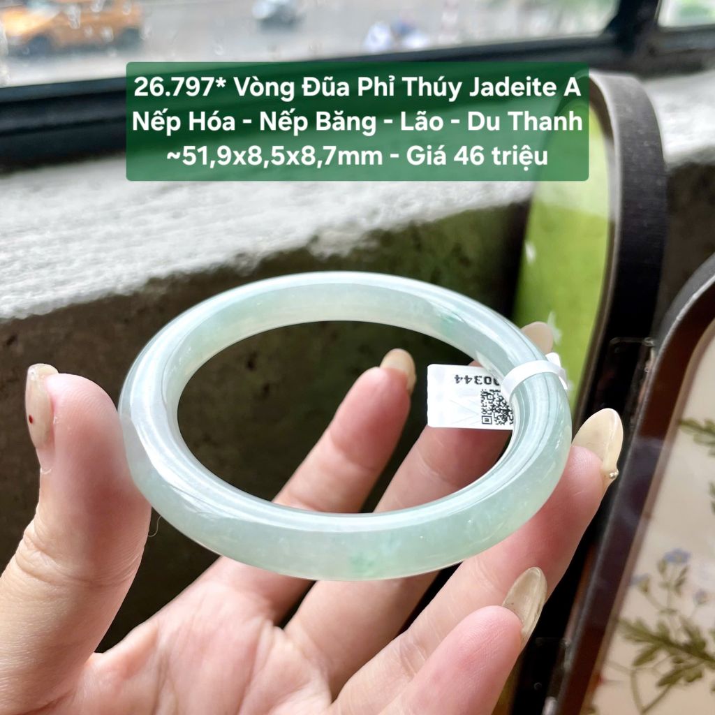 26.797* Vòng Đũa Phỉ Thuý Jadeite A - Nếp Hoá - Nếp Băng - Lão - Du Thanh ~ 51,9x8,5x8,7mm