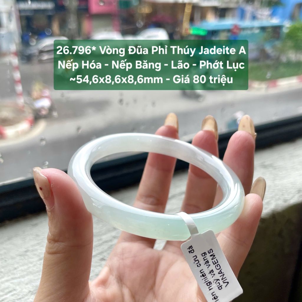 26.796* Vòng Đũa Phỉ Thuý Jadeite A - Nếp Hoá - Nếp Băng - Lão - Phớt Lục ~ 54,6x8,6x8,6mm