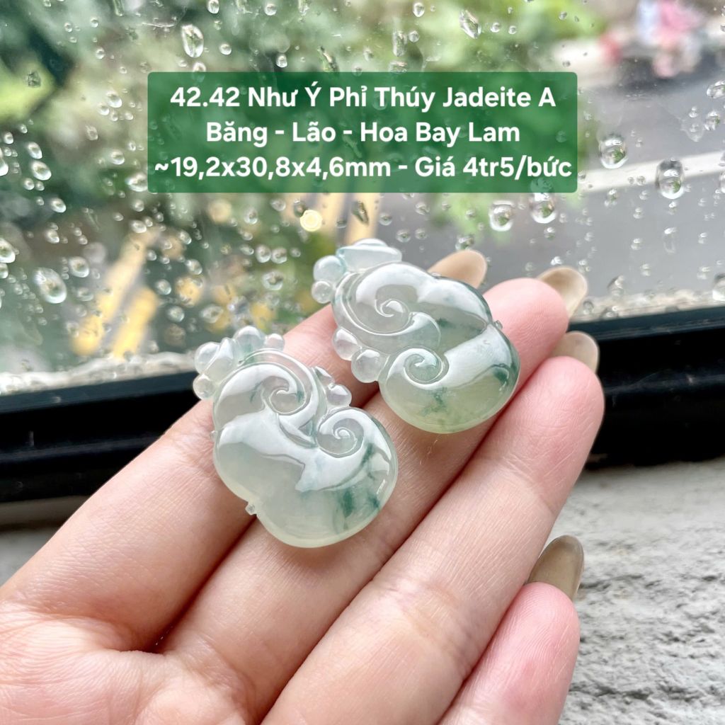 42.42 Như Ý Phỉ Thuý Jadeite A - Băng - Lão - Hoa Bay Lam ~ 19,2x30,8x4,6mm