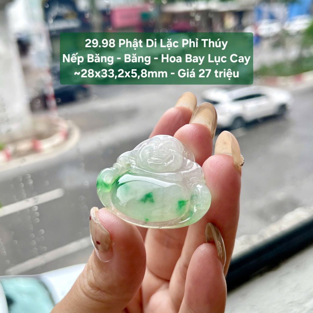 29.98 Phật Di Lặc Phỉ Thuý Jadeite A - Nếp Băng - Băng -  Hoa Bay Lục Cay ~ 28x33,2x5,8mm