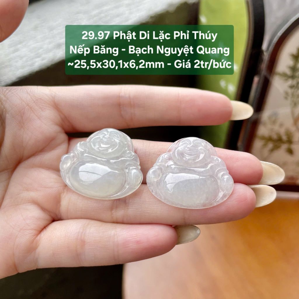 29.97 Phật Di Lặc Phỉ Thuý Jadeite A - Nếp Băng - Bạch Nguyệt Quang ~ 25,5x30,1x6,2mm