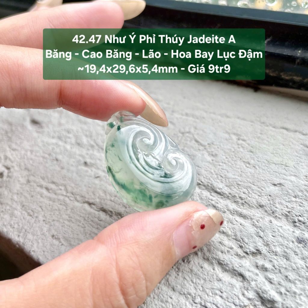 42.47 Như Ý Phỉ Thuý Jadeite A - Băng - Cao Băng - Lão - Hoa Bay Lục Đậm ~19,4x29,6x5,4mm