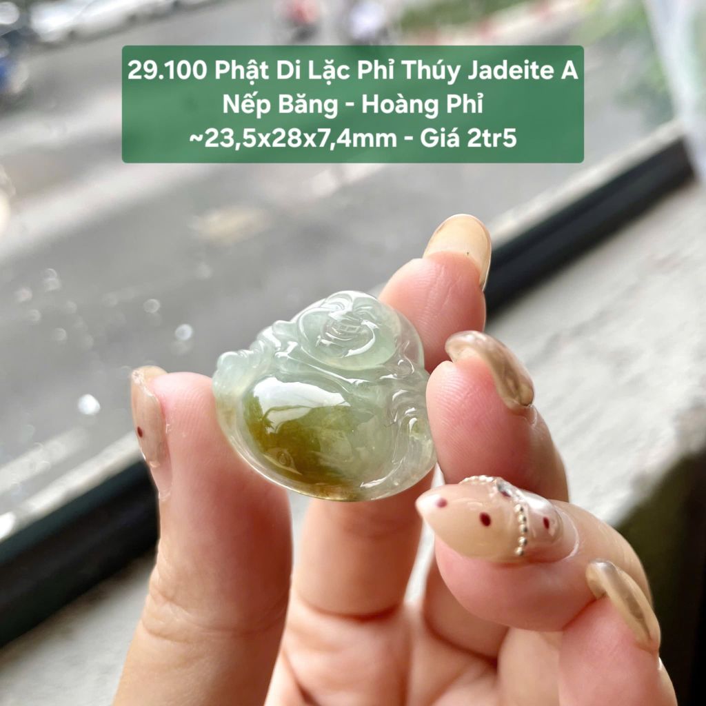 29.100 Phật Di Lặc Phỉ Thuý Jadeite A - Nếp Băng - Hoàng Phỉ ~ 23,5x28x7,4mm