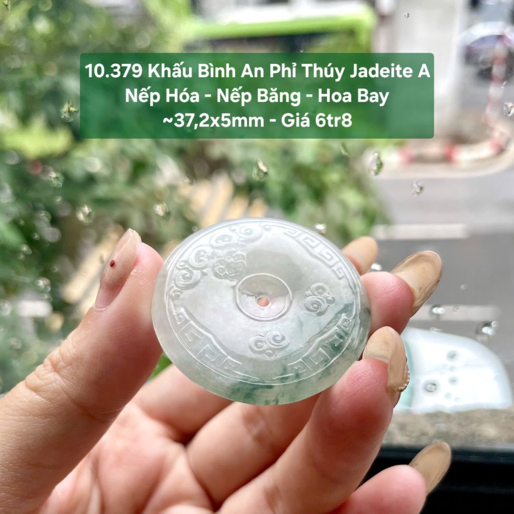 10.379 Khấu Bình An Phỉ Thuý Jadeite A - Nếp Hoá - Nếp Băng - Hoa Bay ~ 37,2x5mm