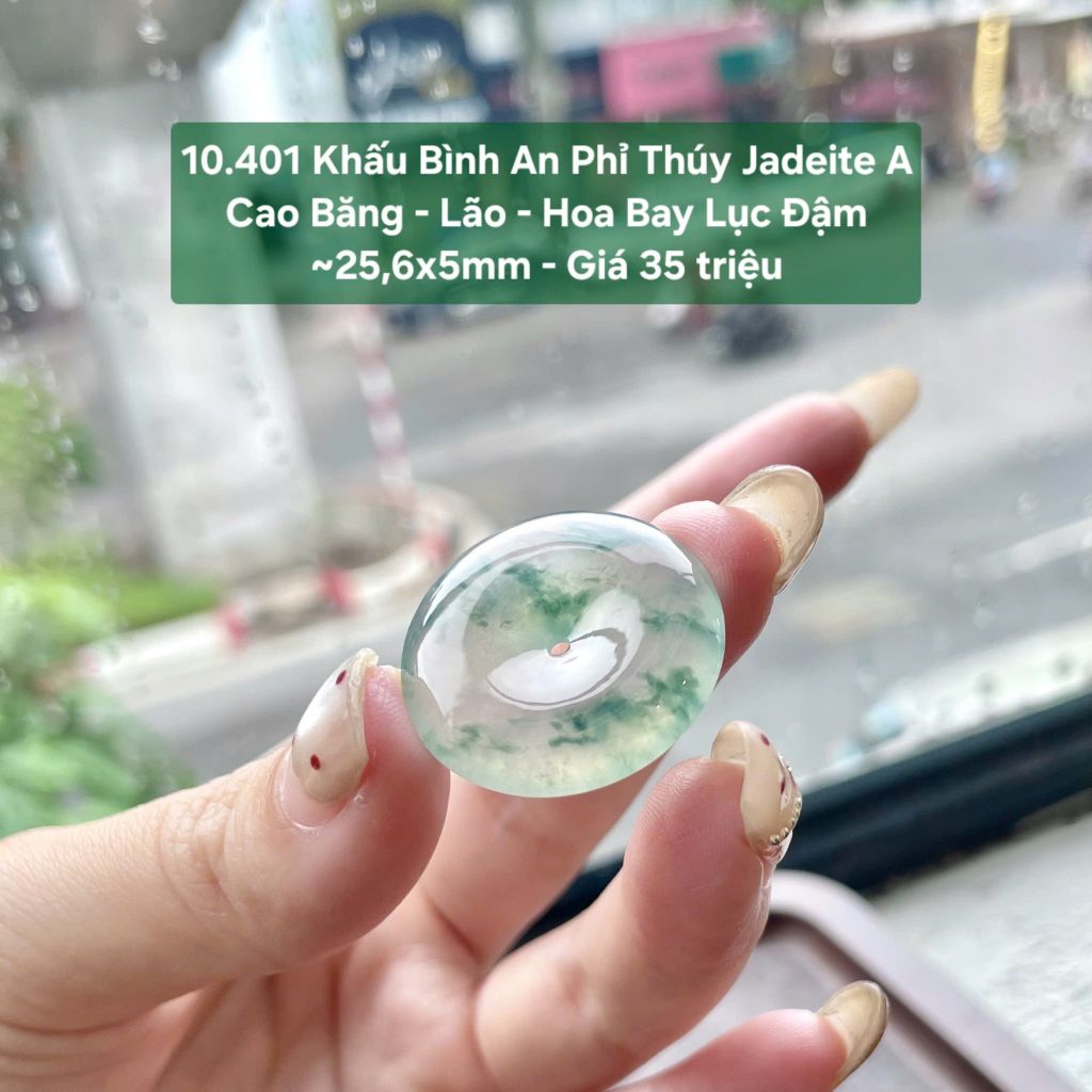 10.401 Khấu Bình An Phỉ Thuý Jadeite A - Cao Băng - Lão - Hoa Bay Lục Đậm ~ 25,6x5mm