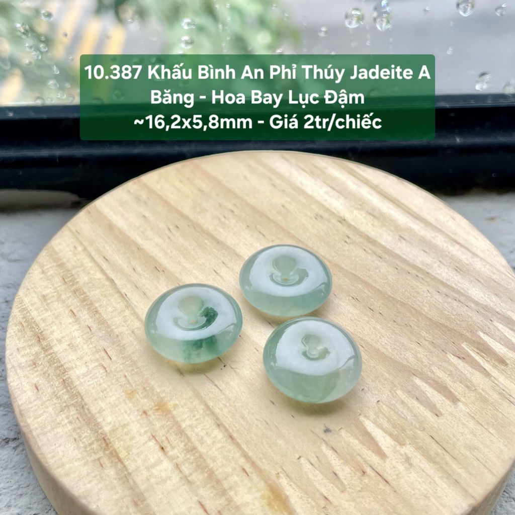 10.387 Khấu Bình An Phỉ Thuý Jadeite A - Băng - Hoa Bay Lục Đậm ~ 16,2x5,8mm