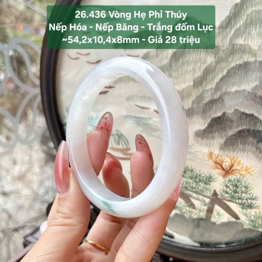 Vòng Hẹ Phỉ Thuý Nếp Hoá- Nếp Băng - Trắng Đốm Lục ~54,2x10,4x8mm 26.436