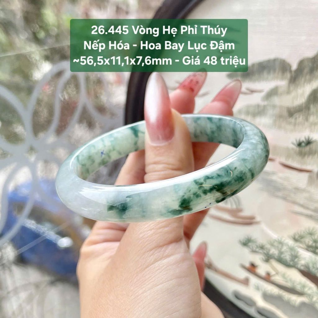 Vòng Hẹ Phỉ Thuý Nếp Hoá - Hoa Bay Lục Đậm  ~ 56,5x11,1x7,6mm 26.445