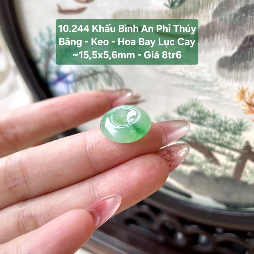 Khấu Bình An Phỉ Thuý Băng - Keo - Hoa Bay Lục Cay ~15,5x5,6mm 10.244