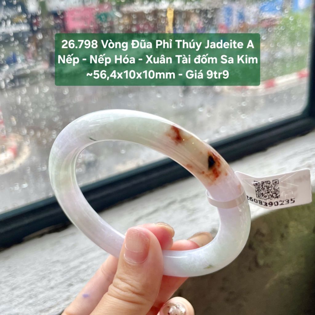 26.798 Vòng Đũa Phỉ Thuý Jadeite A - Nếp -  Nếp Hoá -  Xuân Tài Đốm Sa Kim ~ 56,4x10x10mm