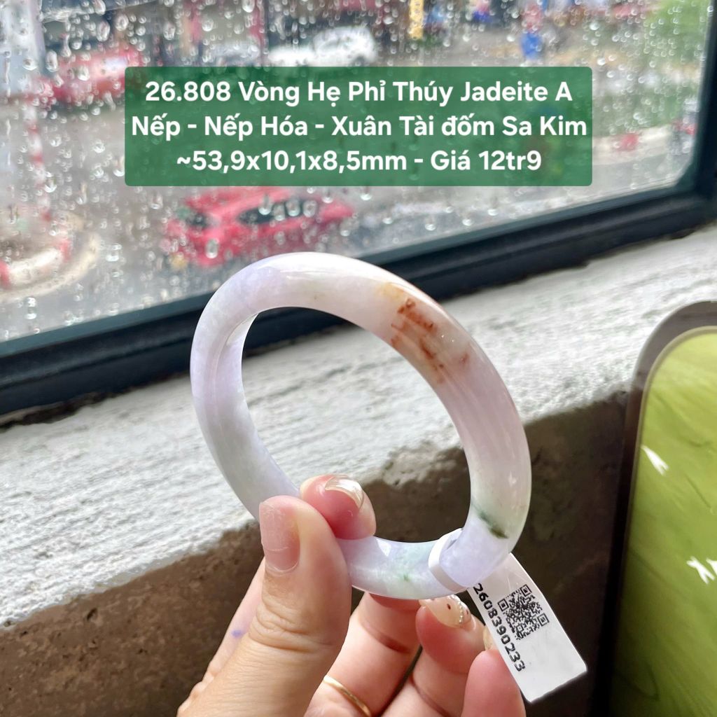 26.808 Vòng Hẹ Phỉ Thuý Jadeite A - Nếp -  Nếp Hoá -  Xuân Tài Đốm Sa Kim ~ 53,9x10,1x8,5mm