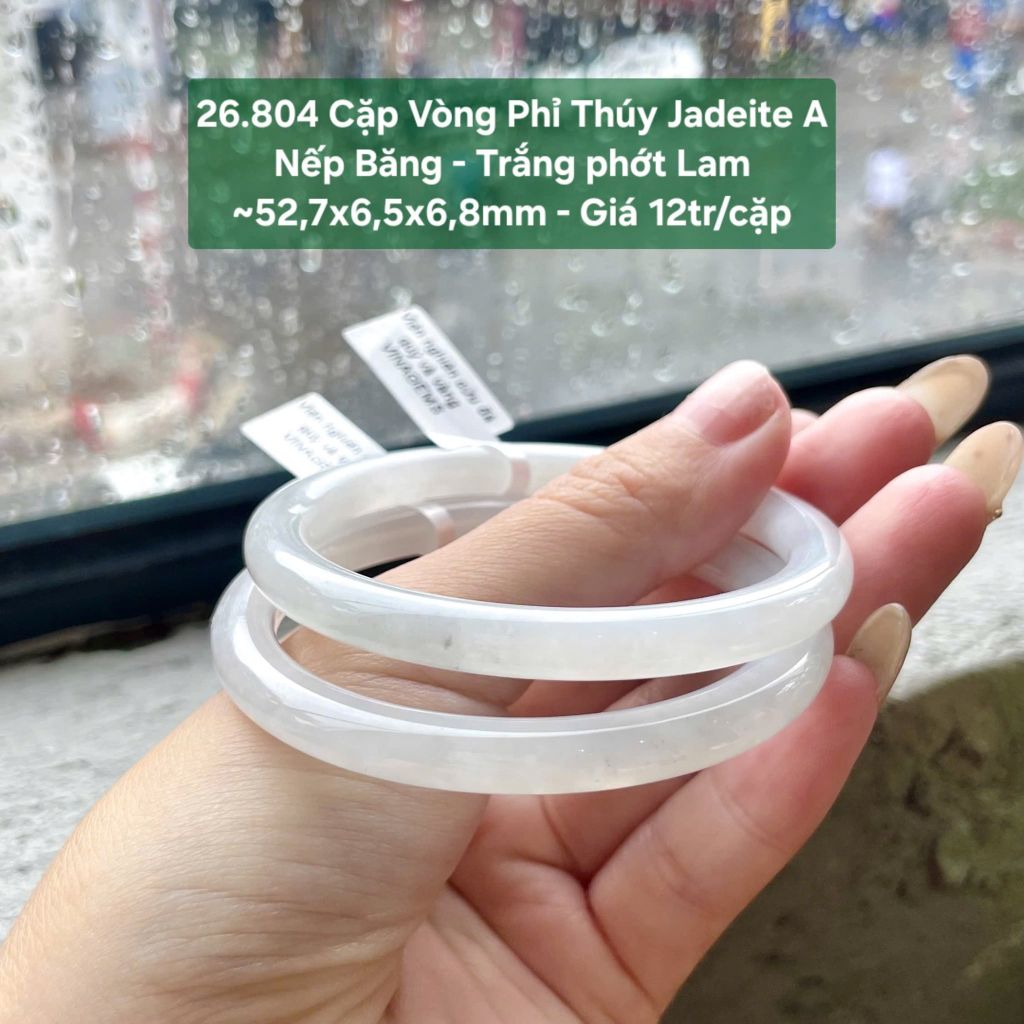 26.804 Vòng Đũa Phỉ Thuý Jadeite A - Nếp Băng - Trắng Phớt Lam ~ 52,7x6,5x6,8mm
