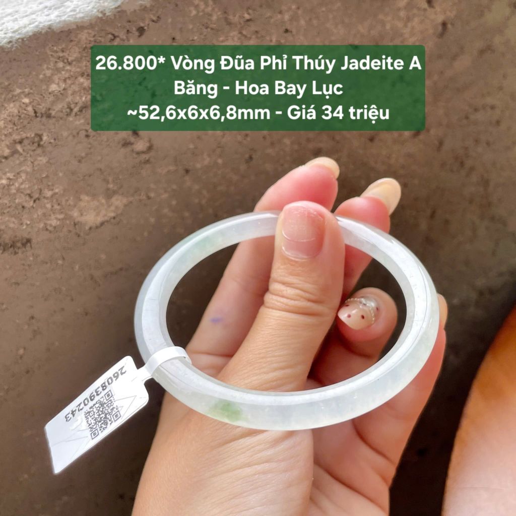 26.800* Vòng Đũa Phỉ Thuý Jadeite A - Băng - Hoa Bay Lục ~ 52,6x6x6,8mm