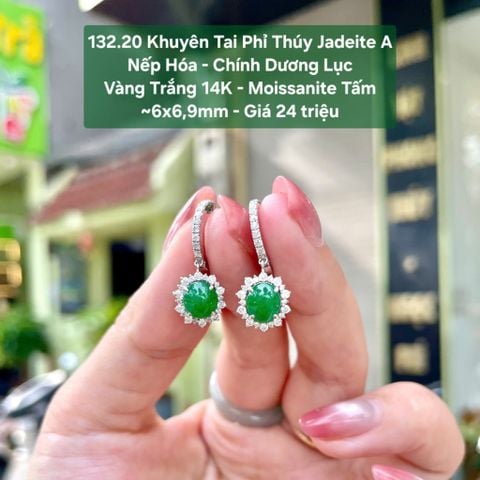 132.20 Khuyên Tai Phỉ Thuý Jadeite A - Nếp Hoá - Chính Dương Lục -VT14K - Mois Tấm ~6x6,9mm