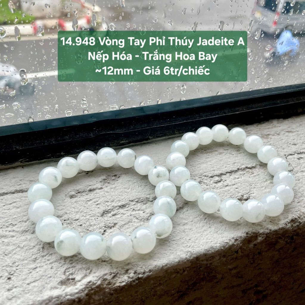 14.948 Vòng Tay Phỉ Thuý Jadeite A - Nếp Hoá - Trắng - Hoa Bay ~ 12mm