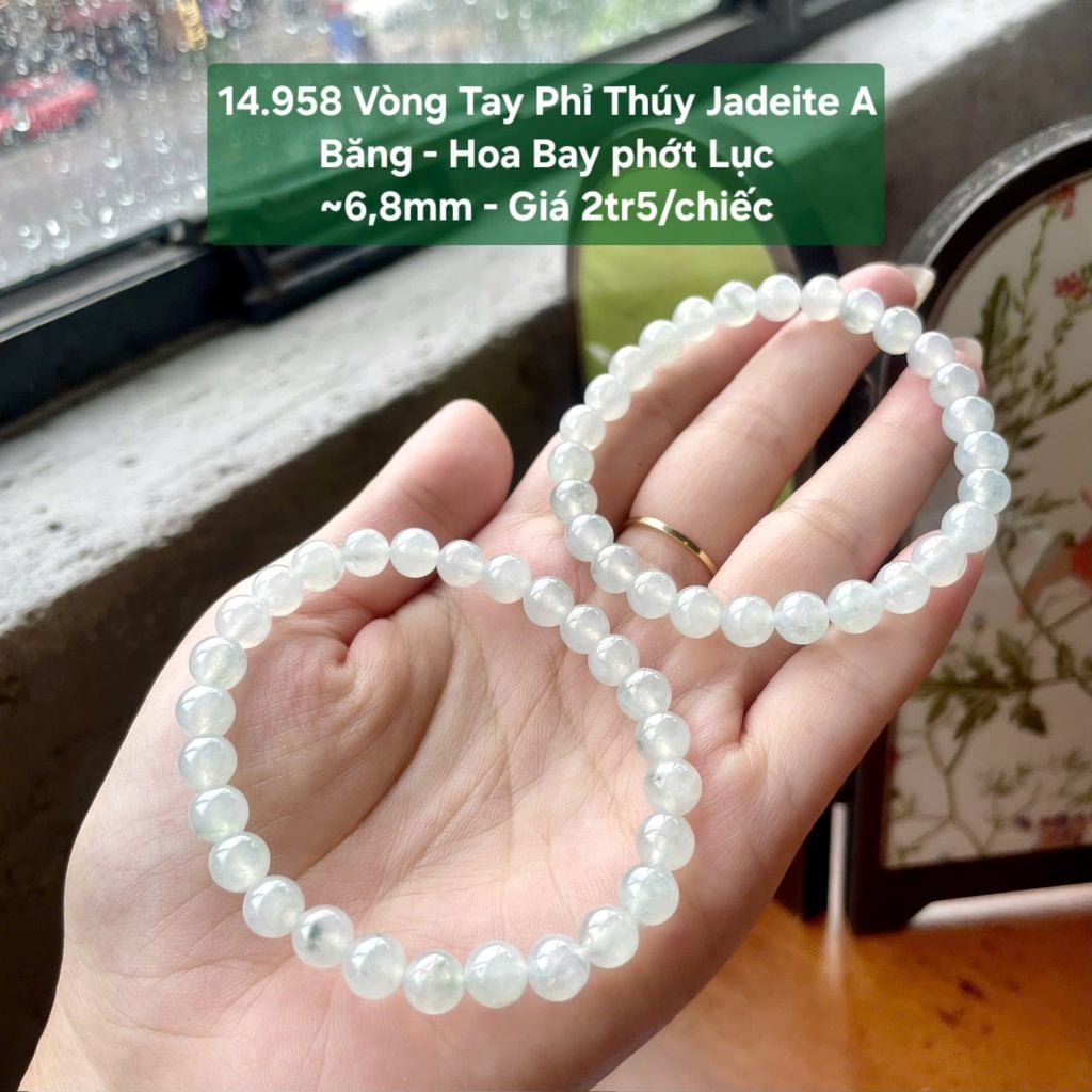 14.958 Vòng Tay Phỉ Thuý Jadeite A -Băng - Hoa Bay Phớt Lục ~ 6,8mm