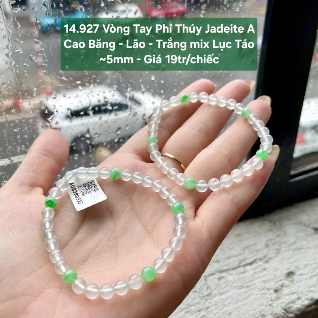 14.927 Vòng Tay Phỉ Thuý Jadeite A -Cao Băng - Lão - Trắng Mix Lục Táo ~ 5mm