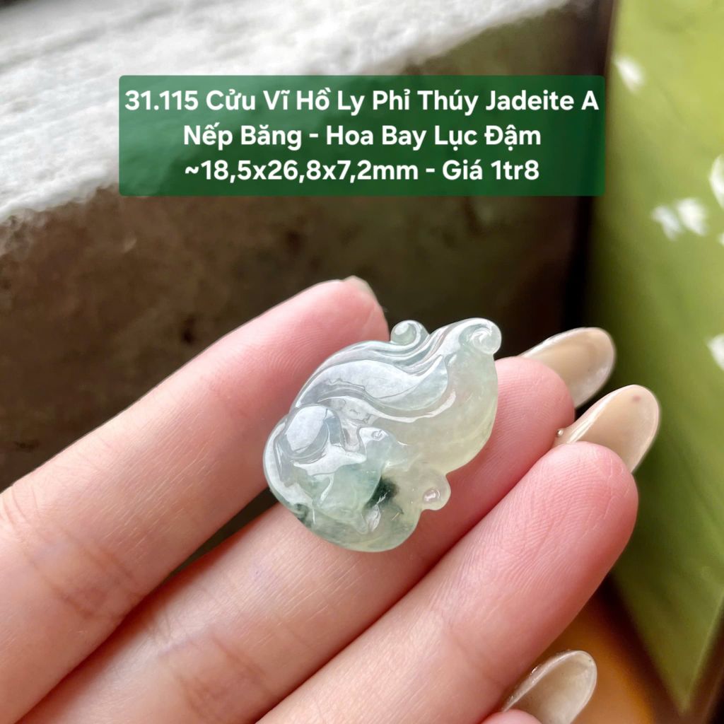 31.115 Cửu Vĩ Hồ Ly Phỉ Thuý Jadeite A - Nếp Băng - Hoa Bay Lục Đậm ~ 18,5x26,8x7,2mm