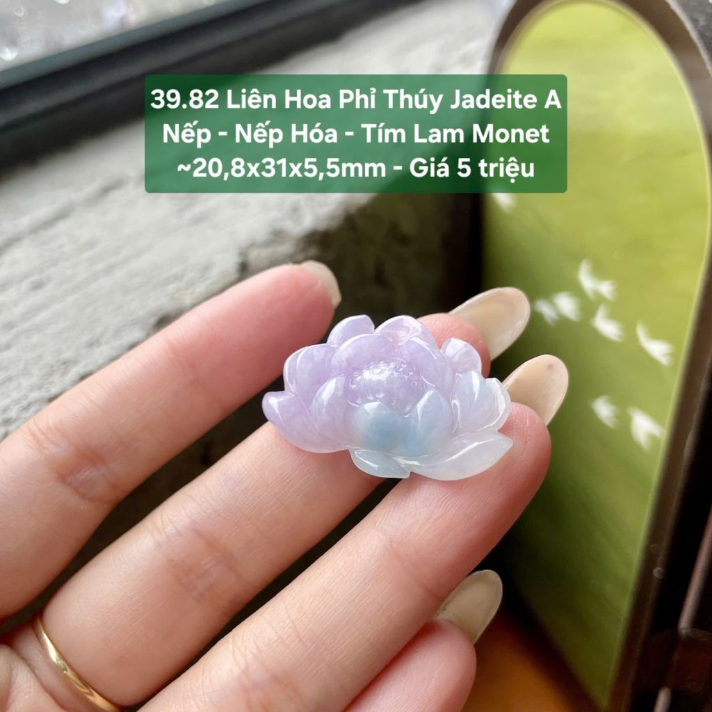 39.82 Liên Hoa Phỉ Thuý Jadeite A - Nếp - Nếp Hoá - Tím Lam Monet ~ 20,8x31x5,5mm