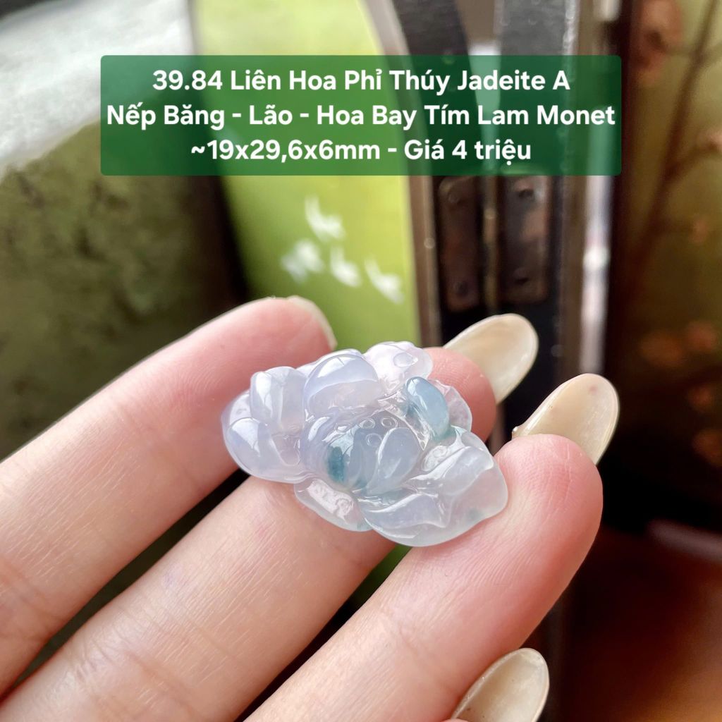 39.84 Liên Hoa Phỉ Thuý Jadeite A - Nếp Băng - Lão - Hoa Bay Tím Lam Monet ~ 19x29,6x6mm