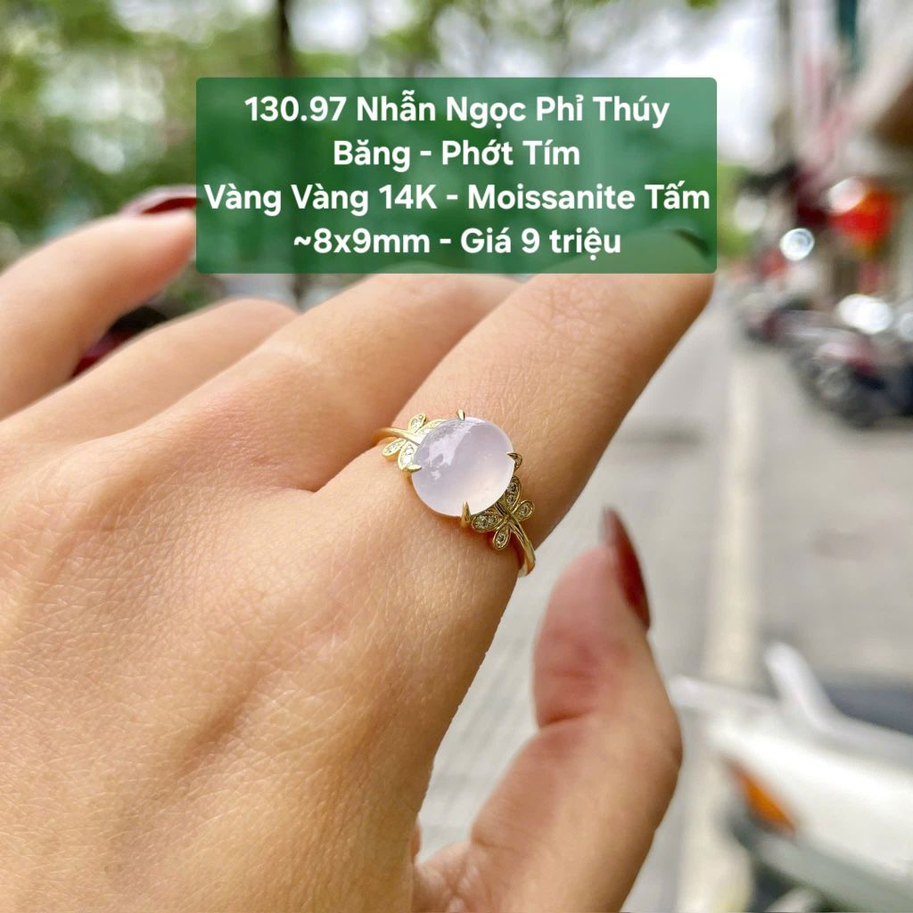 Nhẫn Ngọc Phỉ Thuý Băng - Phớt Tím VV14K - Mois tấm ~8x9mm 130.97