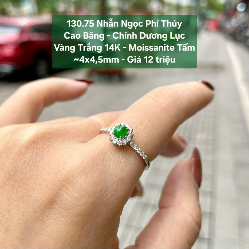 Nhẫn Ngọc Phỉ Thuý Cao Băng - Chính Dương Lục VT14K - Mois tấm ~4x4,5mm 130.75