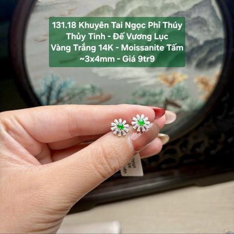 Khuyên tai Ngọc Phỉ Thuý Thuỷ Tinh  - Đế Vương Lục - VT14K- Mois tấm ~3x4mm 131.18