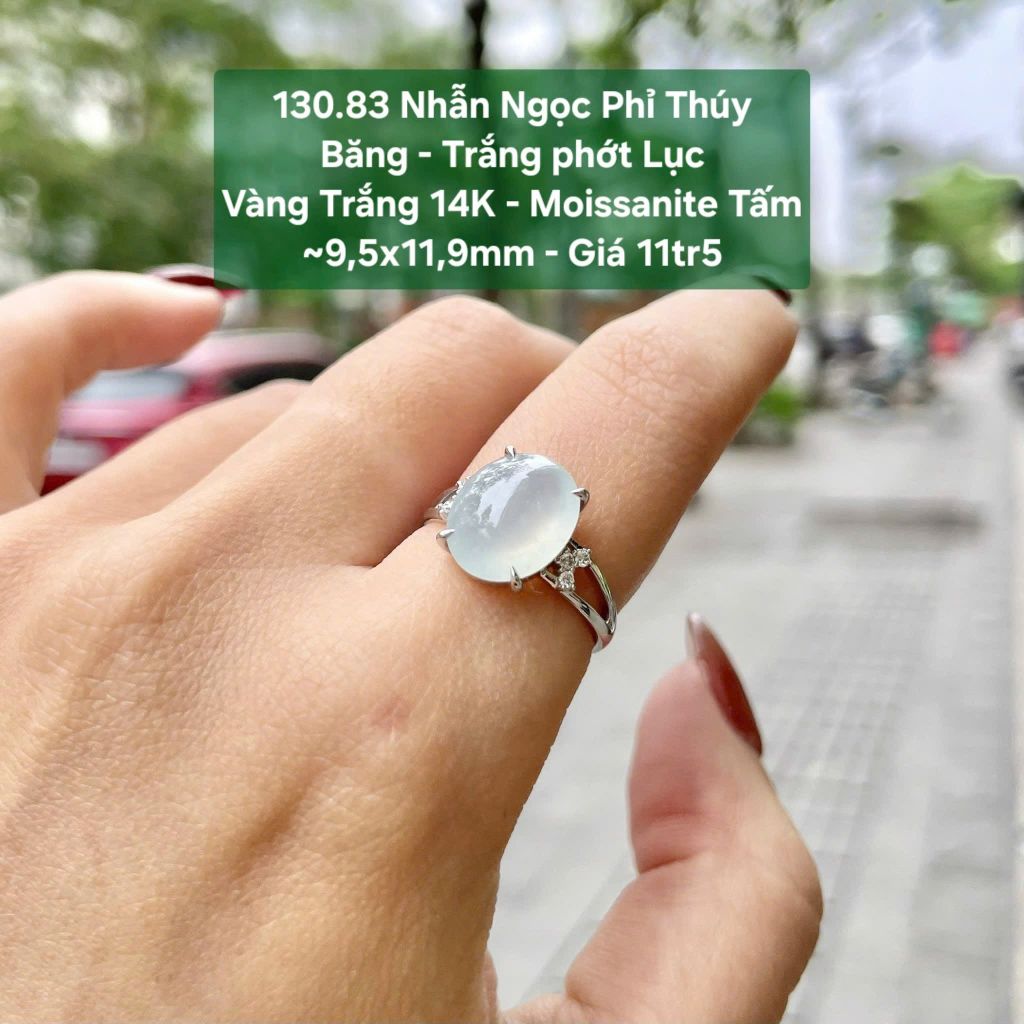 Nhẫn Ngọc Phỉ Thuý Băng - Trắng Phớt Lục VT14K - Mois tấm ~9,5x11,9mm 130.83