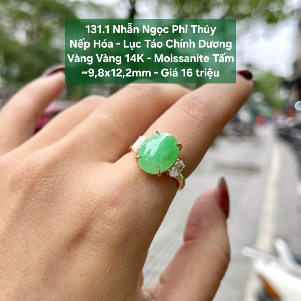 Nhẫn Ngọc Phỉ Thuý Nếp Hoá - Lục Táo Chính Dương VV14K - Mois tấm ~9,8x12,2mm 131.1