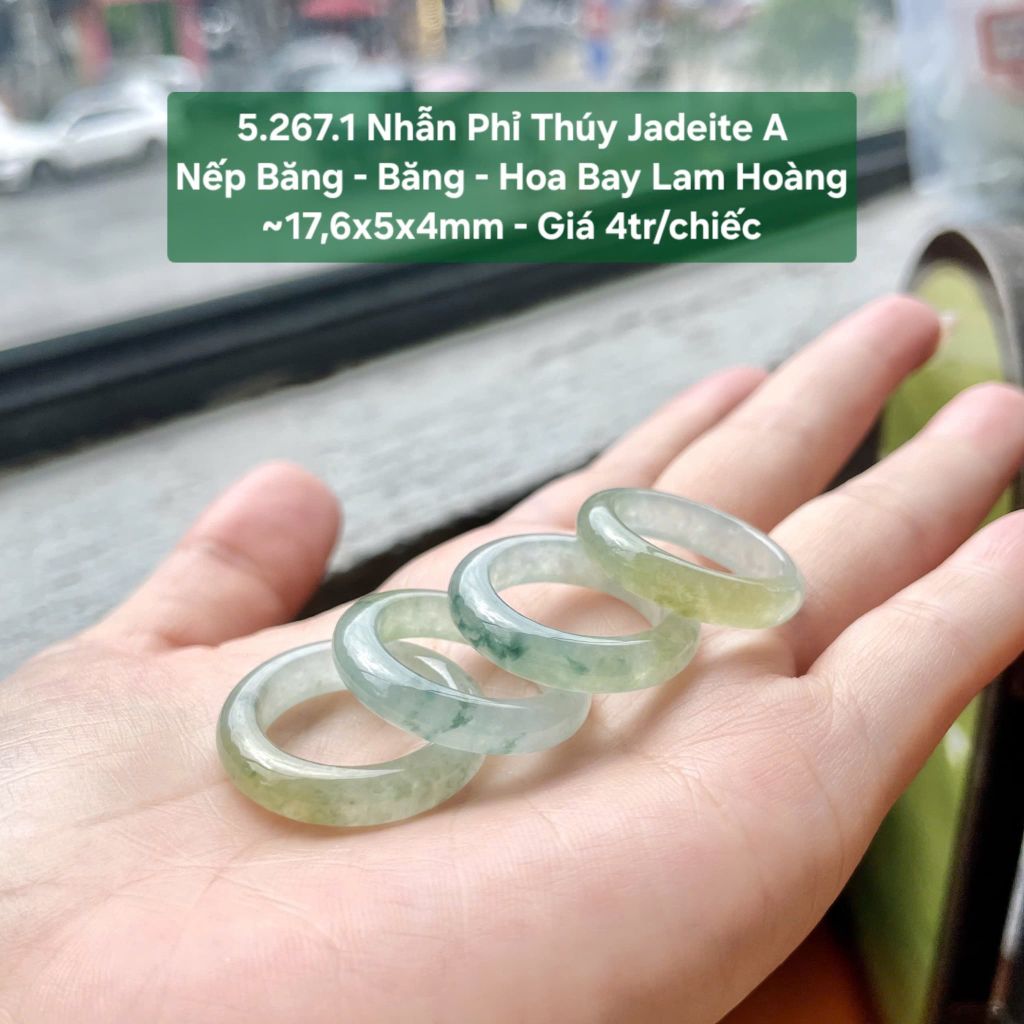 5.267.1 Nhẫn Phỉ Thuý Jadeite A - Nếp Băng - Băng - Hoa Bay Lam Hoàng ~ 17,6x5x4mm